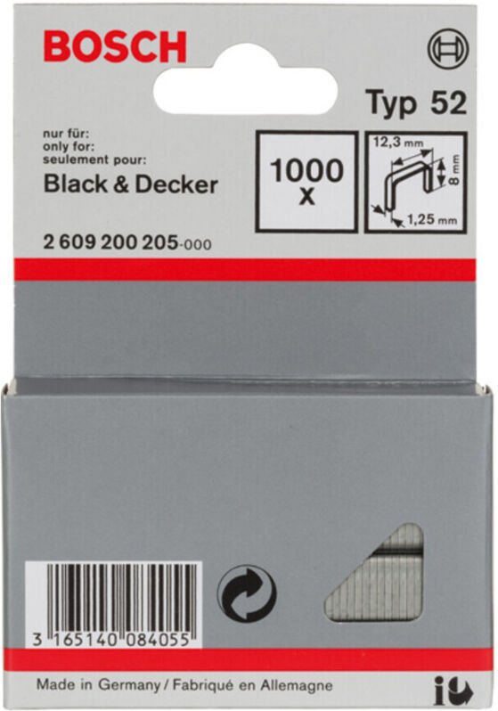 Flachdrahtklammer Typ 52, 12,3 x 1,25 x 8 mm 1000 Stk - Bosch