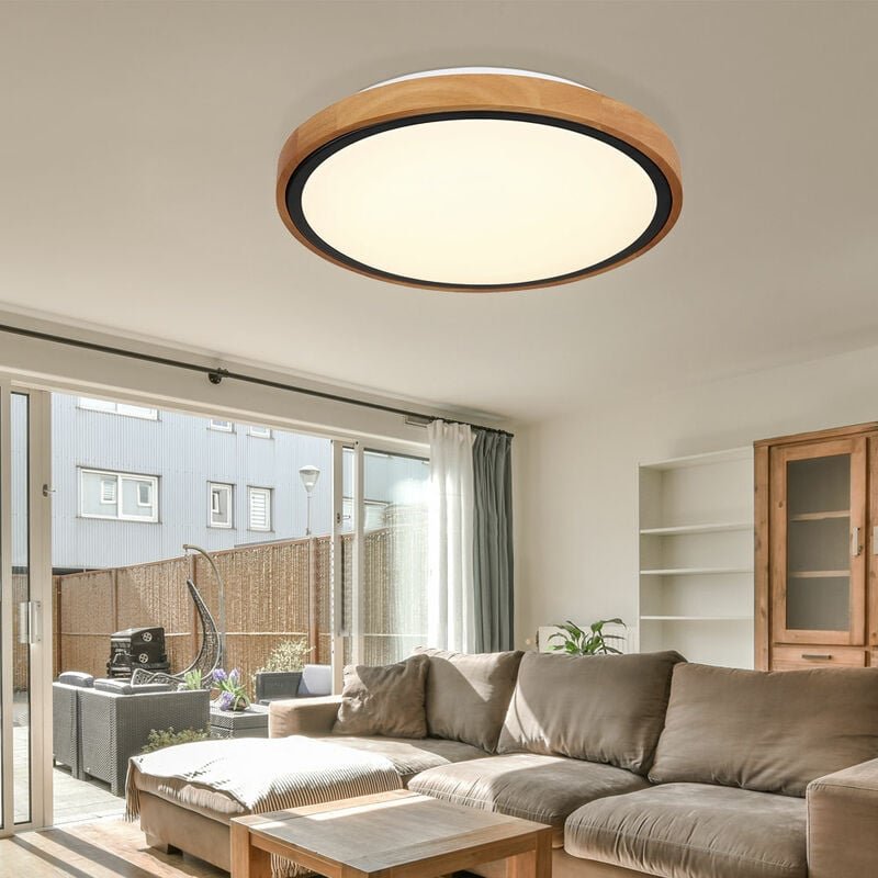 Globo - Deckenleuchte Wohnzimmerlampe Holzleuchte, Landhaus, cct, Metall Holz, schwarz opal, rund, 1x led 12W 530lm warm...