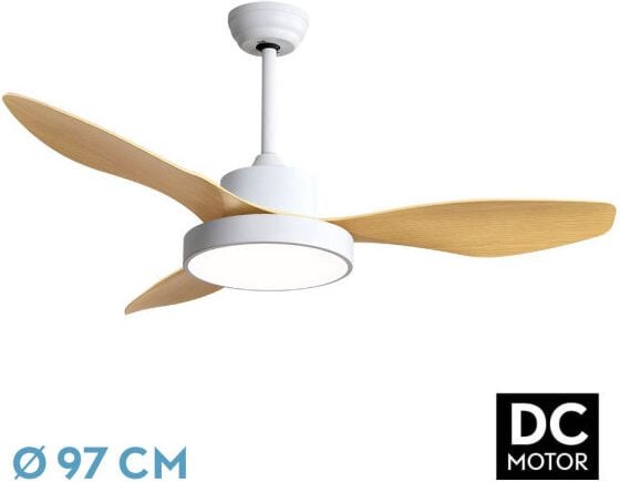 HAYATE Ventilator DC- HAYATE Farbe Weiß mit drei Flügeln in Buche Farbe mit 6 einstellbaren Geschwindigkeiten mit 3 Temp...