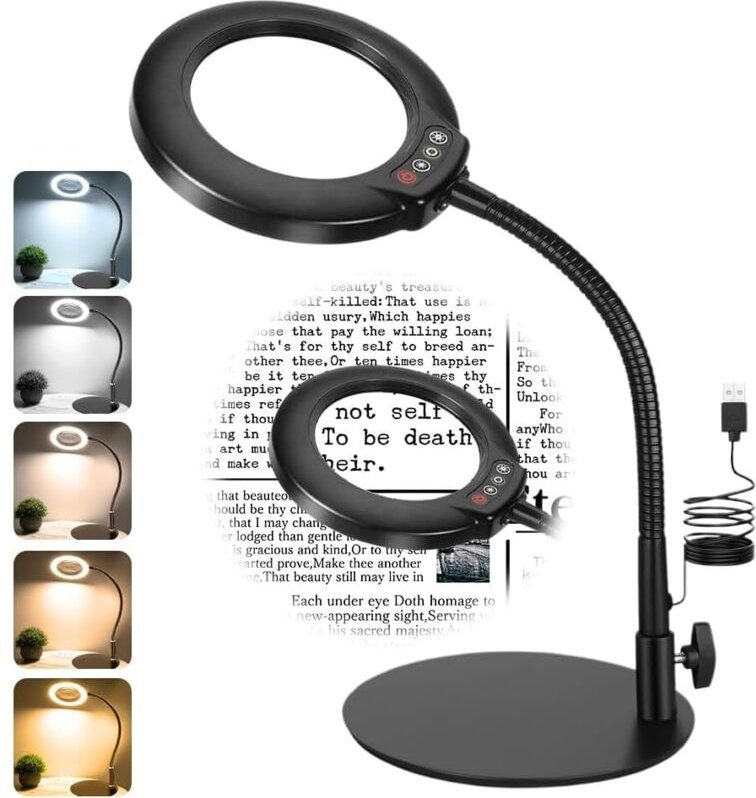 10-fache Vergrößerungslupe mit Licht und Stativ, 5 Farbmodi, freihändig, flexibel, Schwanenhals mit Licht, für Basteln, ...