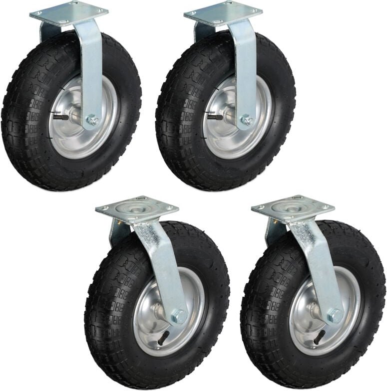 2x Bockrolle + 2x Lenkrolle Set, luftbereiftes Schwerlastrad, 3.00-4, Transportrollen 120 kg, schwarz/silber - Relaxdays