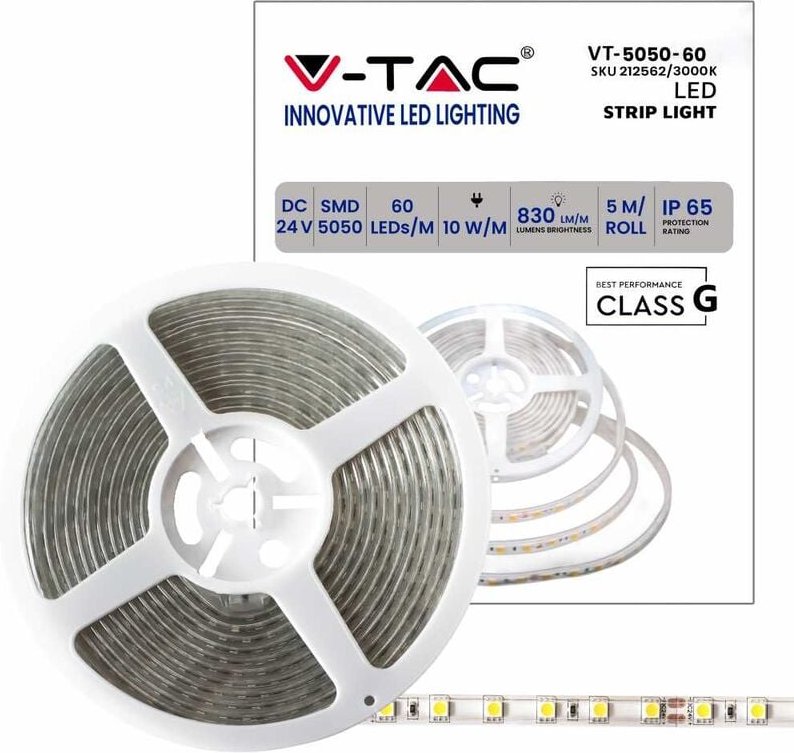 V-TAC VT-5050 300LED Streifen 10w/mt IP65 24V SMD5050 5M 60LED/mt Warmweiß 3000K wasserdicht - SKU 212562