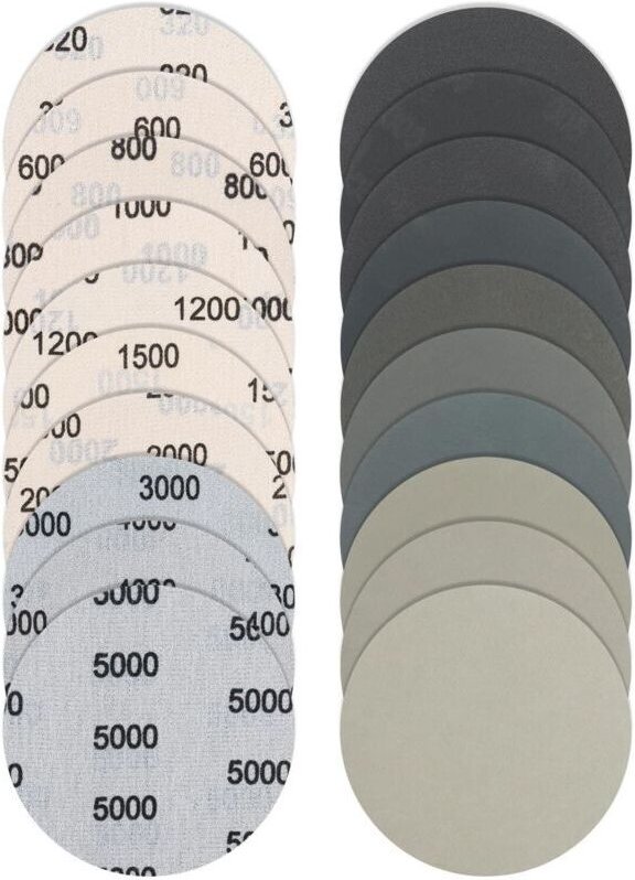 Set aus 36 runden, selbstklebenden Schleifscheiben mit 125 mm Durchmesser, Körnung 320, 600, 800, 1000, 1200, 1500, 2000...