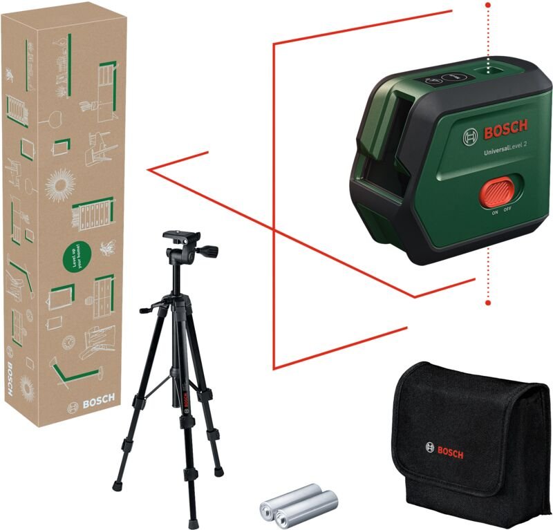 Bosch Kreuzlinienlaser UniversalLevel 2 mit Stativ (Laserkreuz inkl. integrierter Lotpunkte für präzises Ausrichten und ...