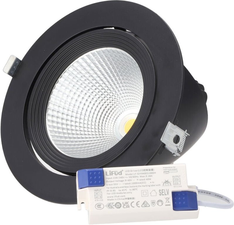 Greenice - LED-Downlight-Strahler, 40 w, 4000 lm, 4200 °k, verstellbar, UGR17, 50.000 h, Schwarz
