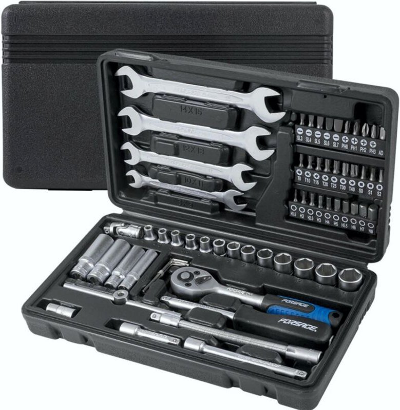 Werkzeugset mit Bits, Steckschlüsseln und Schraubenschlüsseln (62-teilig) im Koffer