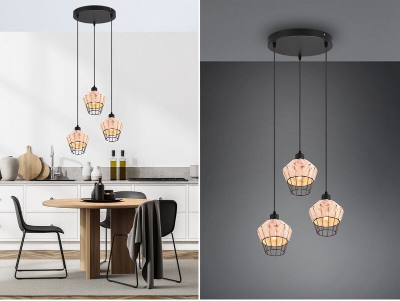 Meinewunschleuchte - led Pendelleuchte mit Rattan Geflecht Natur und Gitter im Boho Stil, ø 41cm