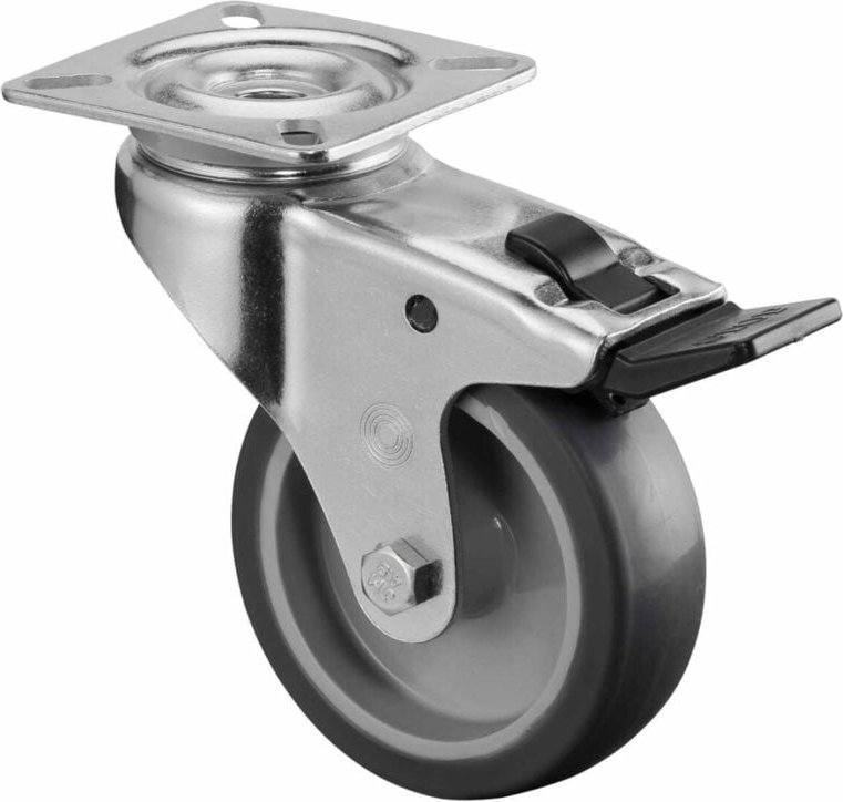 Bs-r Lenkrolle mit Feststeller, Gummirad grau, Gleitlager, Platte