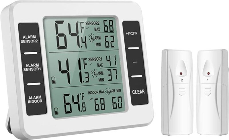 Thermomètre de Frigo Congelateur, Thermomètre de Réfrigérateur Sans Fil avec 2 Capteurs, Alarme Sonore, Min/Max pour Mai...