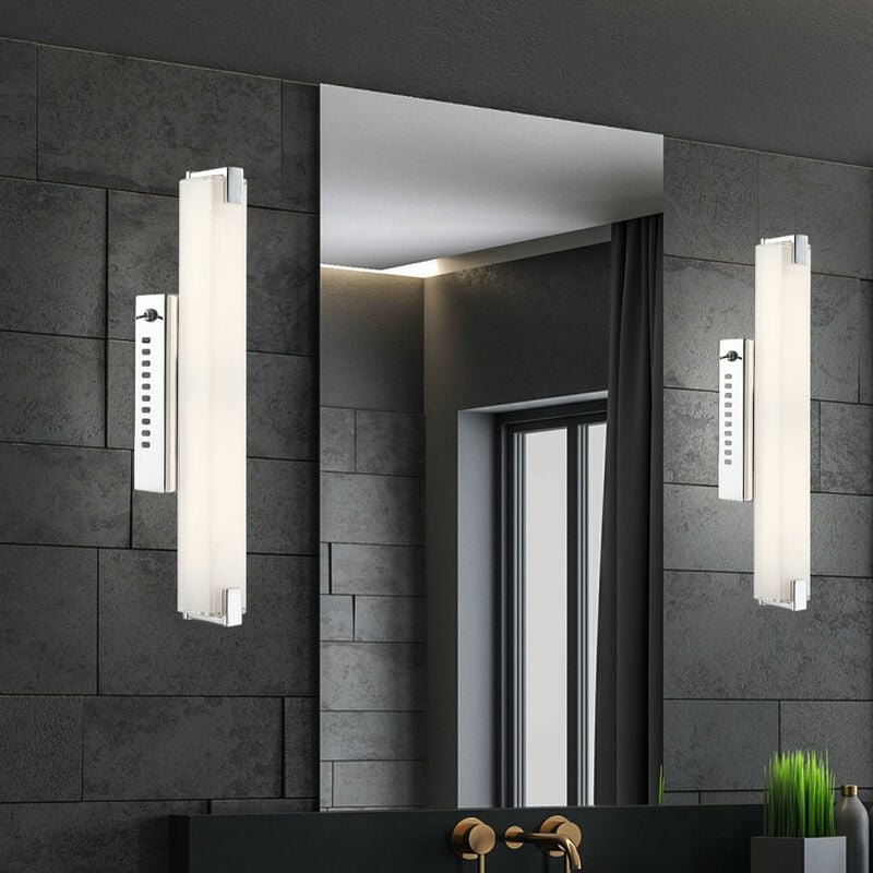 Led Wandleuchte mit Schalter Wandlampe Spiegelleuchte Chrom Treppenhausleuchte Glas satiniert, Stab-Design, 9W 700Lm war...