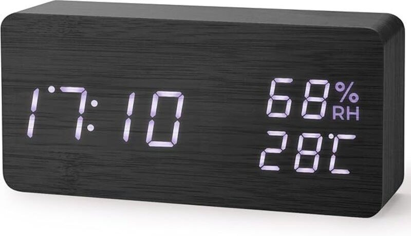 Elektronischer LED-Wecker, digitaler Wecker aus Holz, Temperatur und Luftfeuchtigkeit, Betrieb über USB-Ladeanschluss (s...