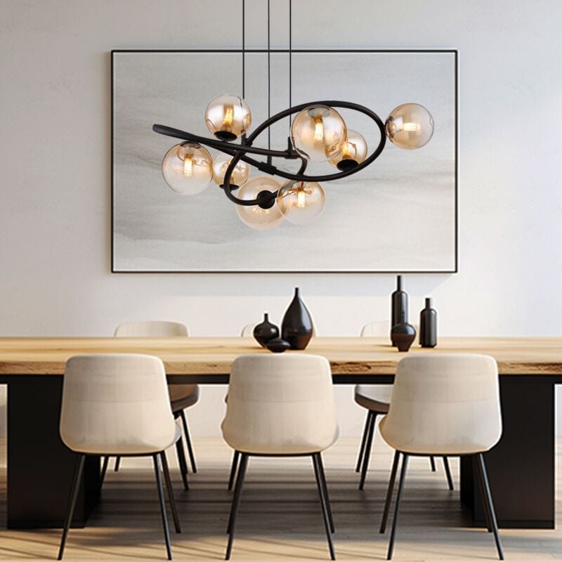 Pendellampe 8 flammig led Hängeleuchte Esstischlampe Retro Wohnzimmerlampe, schwarz, Glaskugeln amber, 8x 3,5W 8x 350lm ...
