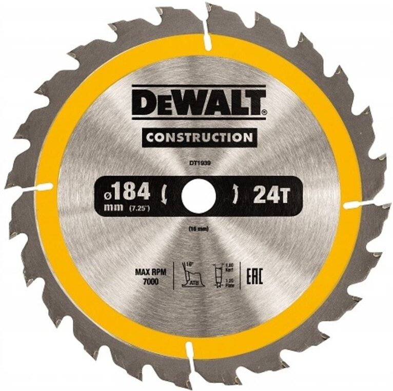 DT1939-QZ Kreissägeblatt 184 x 16 mm, 24 Zähne, genageltes Holz - Dewalt