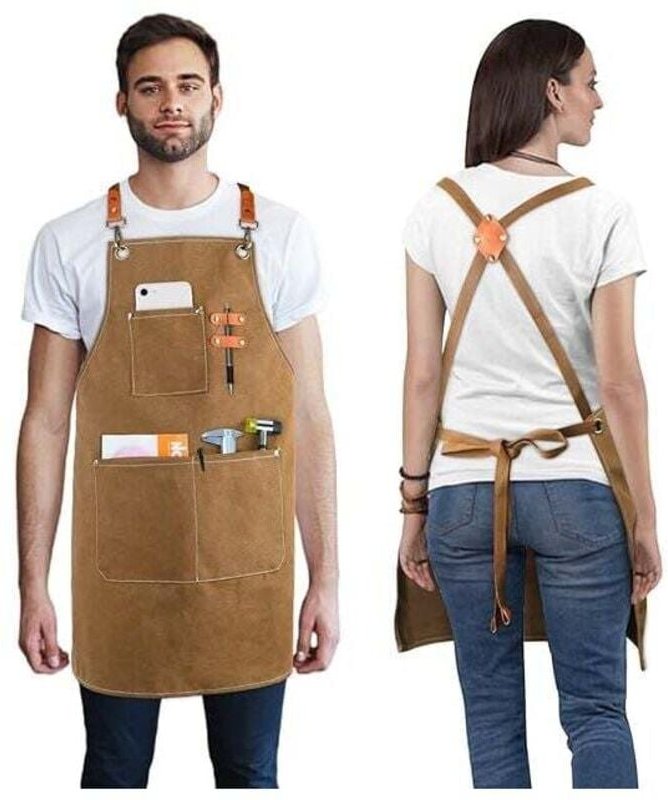 Verstellbare Arbeitsschürze aus Canvas für Damen und Herren mit Kreuzgurt, Küchenutensilienhalter und 3 Taschen, profess...
