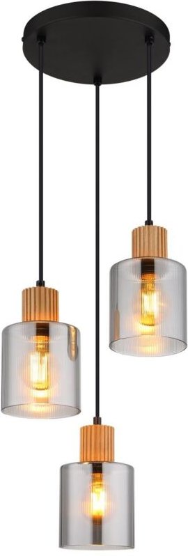 Pendelleuchte Hängelampe Esszimmerleuchte Holz Rauchglas schwarz E27 3-Flammig