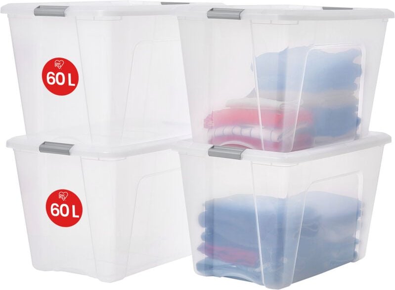 Aufbewahrungsboxen mit Deckel, 60L, 4er-Set, Silber, Sicherer Verschluss, Stapelbar, Griffe, für Schlafzimmer, Schrank, ...