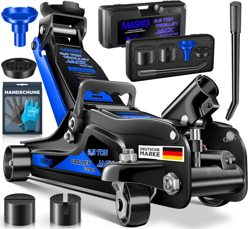 MASKO® Wagenheber hydraulisch, Flache Hubhöhe, 2x Gummiauflage, Handschuhe, KFZ Rangierwagenheber hydraulischer 360° Rol...