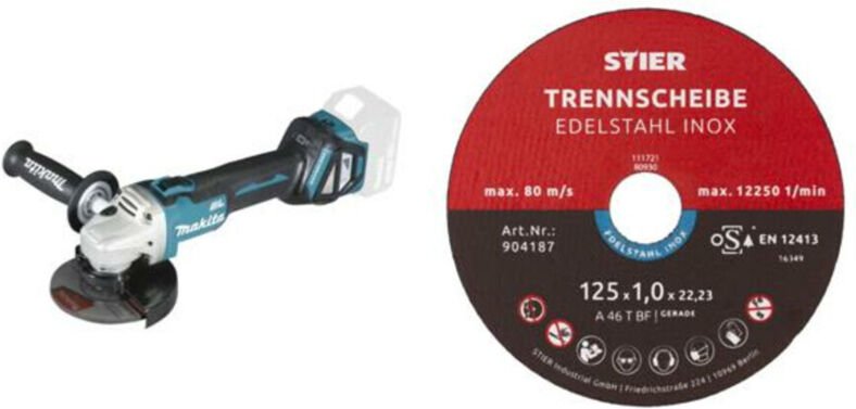 Akku-Winkelschleifer DGA511Z, Solo-Version + Edelstahl-Trennscheibe 125 x 1,0 x 22,23 mm, Form gerade - Makita