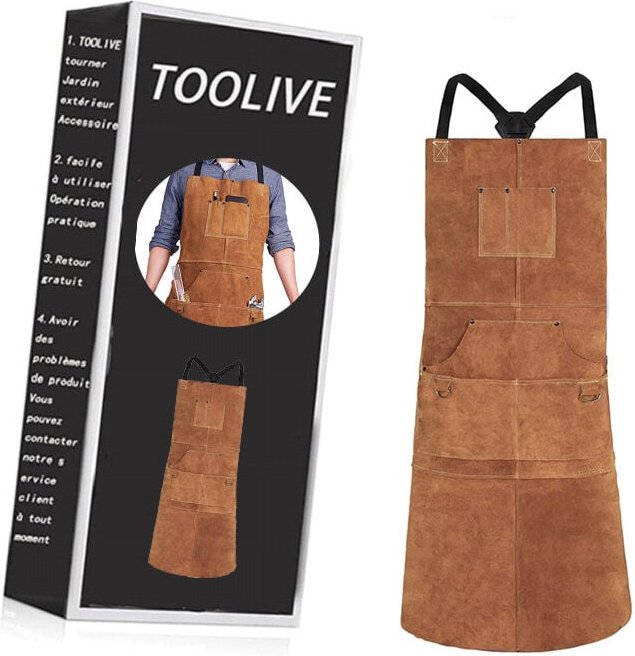 Schweißerschürze aus Leder,Hitzebeständige & Flammhemmende Schwere Arbeitsschürze mit 6 Taschen, 42' Extra Groß & Langer...