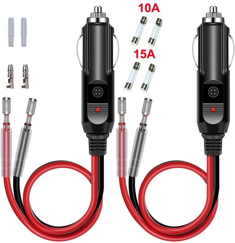 2er-Pack 12V/24V-Stecker-Zigarettenanzünder-Adapter, 10 cm 16AWG-Verlängerungskabel mit roter LED-Anzeige und 10A/15A-Er...