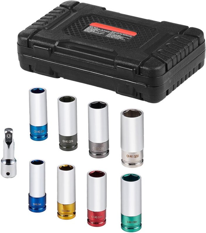 Mophorn - Radmuttern-Schlagsteckschlüsselsatz, 1/2-Zoll-Antrieb, metrischer und SAE-6-Punkt-Tiefsteckschlüsselsatz, 8 Ra...