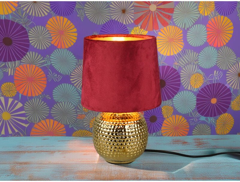 Defibrico - Tischleuchte sophia mit Keramikfuß & Samtschirm Rot - Gold, Höhe 26cm