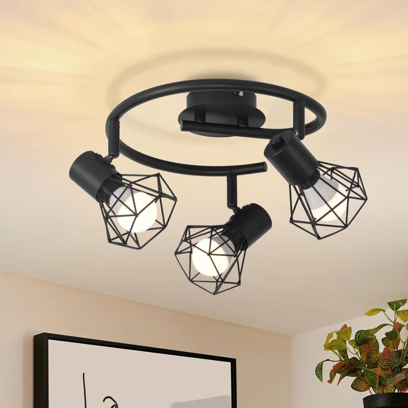 Deckenstrahler 3 Flammig Rund Deckenspots - Deckenleuchte E14 Schwarz Retro Schwenkbar Industrial Küchenlampe Metall für...