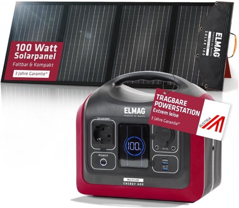 Tragbares Solargenerator-Set energy 600 + solar 100, 600W, LiFEPO4 Akku, 595Wh, 100Wp PV-Panel - Elmag