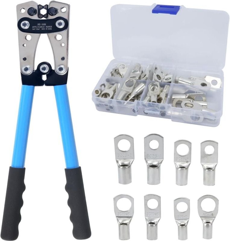 Crimpzange mit 60 Kabelschuhen, Kit, Crimpzange für Kabelschuhe awg 10-0, 6/10/16/25/35/50 mm², elektrische Kabelschuh-C...