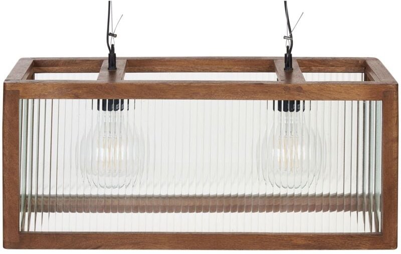 Hängeleuchte Hellbraun Mango-Holz 2-Flammig mit Schirm Geometrisch Glas Rillen-Optik Langes Kabel Rustikal Esstisch Wohn...