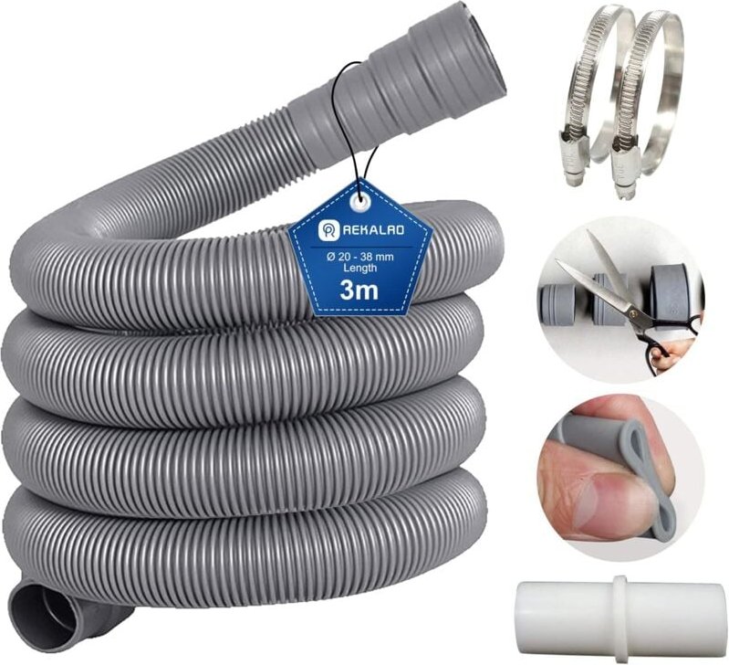 3 m langer Ablaufschlauch für Schmutzwasser, für Waschmaschine, mit Ablaufschlauch-Anschluss und 2 Klemmen, 20 mm Ablauf...