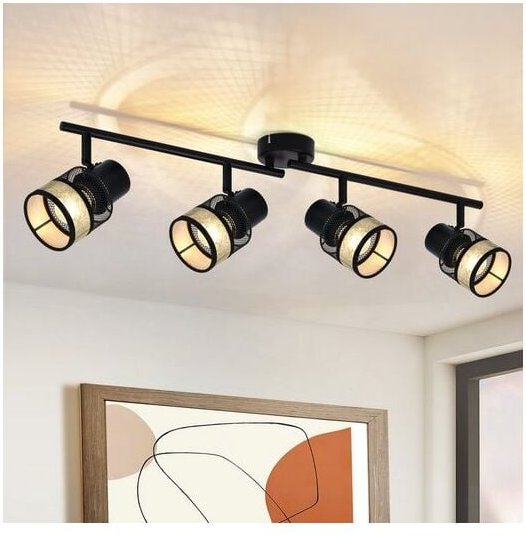 Thumbnail - Deckenstrahler 4 Flammig Vintage Deckenleuchte - Deckenspot Schwarz led Metall E27 330°Schwenkbar Deckenlampe Gold Stoff...
