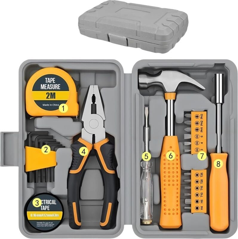 24-teiliges gelbes Heimwerker-Werkzeugset – Wichtige Haushaltswerkzeuge in tragbarer Aufbewahrungsbox für Zuhause, Büro ...