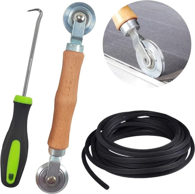 3-teiliges Werkzeug zum Ersetzen von Fenstergittern, Radrolle + 10 m Gummiseil + 3,5 mm Fensterabziehhaken, für Fensterg...