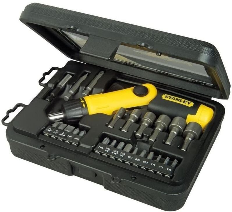 STANLEY - Bit-Set mit schwenkbarem, ratchetartigem Schraubendreher mit Pistolenform - 0-63-022 - 24-teiliges Bit-Set