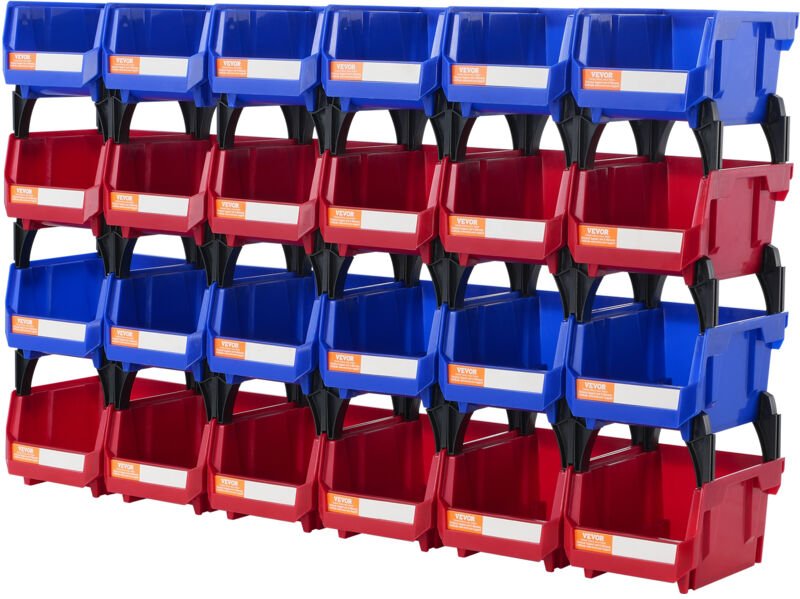 VEVOR 24er-Pack Kunststoff Aufbewahrungsbehälter, 12,7 x 10,2 x 7,6 cm, hängend+stapelbar, blau/rot, robuste Konstruktio...