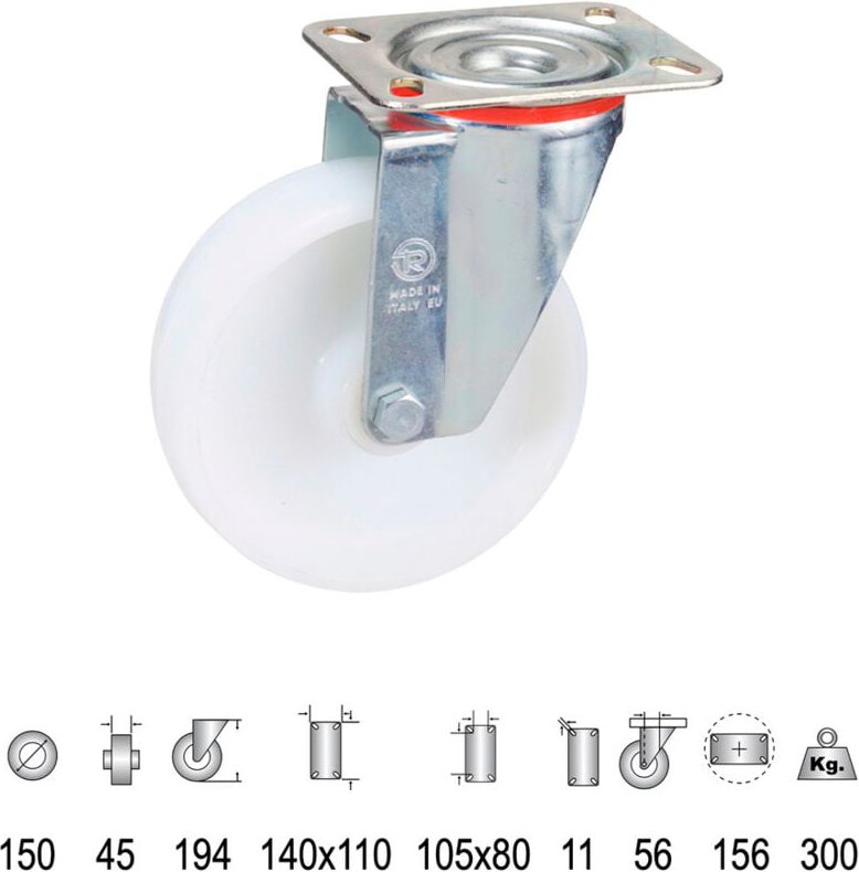 Industrielle Rolle aus Nylon mit Platte 150 mm.