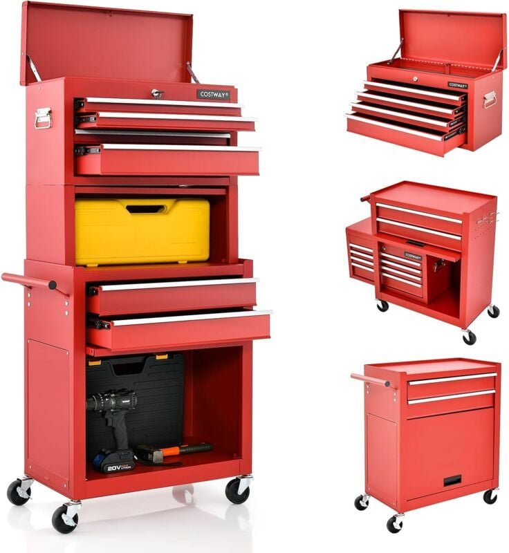 Costway - 2 in 1 Werkstattwagen inkl. Koffer & 9 Fächer & Haken, Werkzeugwagen Abschließbar auf Rädern ohne Werkzeug, Pr...