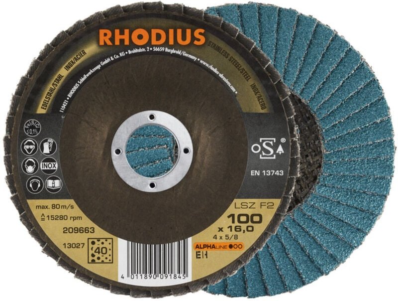 RHODIUS ALPHAline LSZ F2 Fächerschleifscheibe 100 x 16,00 mm K40 10 Stk