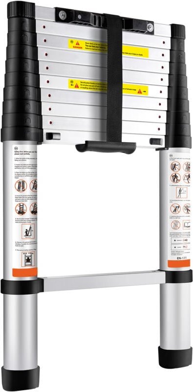 Mophorn 10,5 Fuß Teleskopleiter, zusammenklappbare Ausziehleiter aus Aluminium mit Ein-Knopf-Einzug, 375 Pfund Tragkraft...