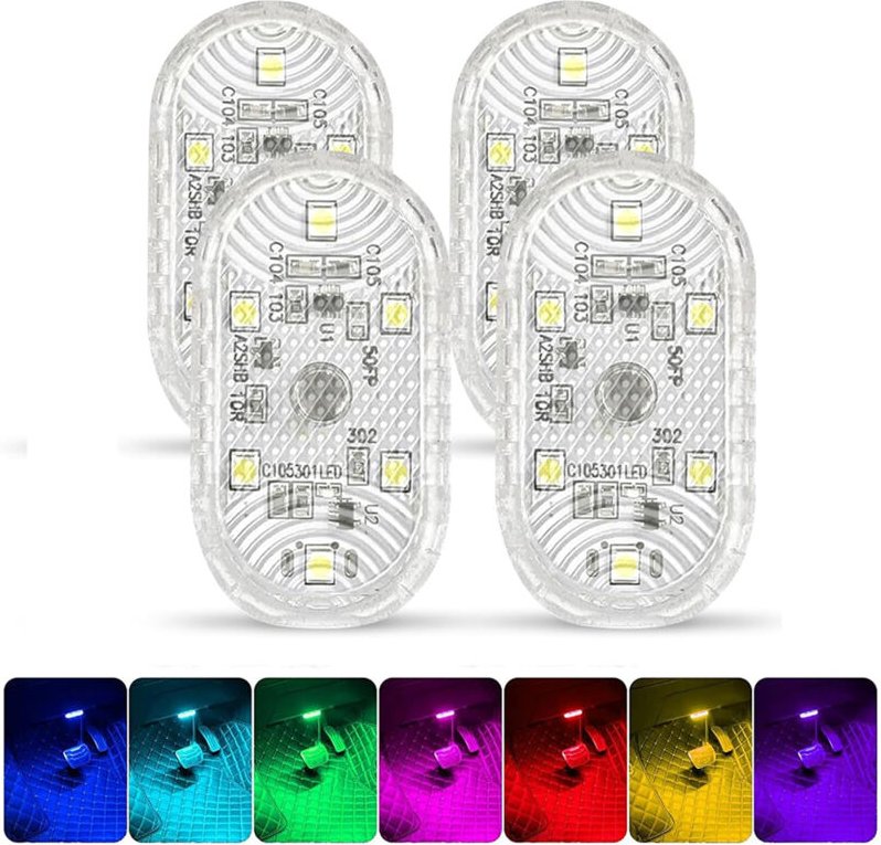 Lntyq - 4-teilige RGB-Innenbeleuchtung fürs Auto, 7-farbige LED-Touch-Lampe, wiederaufladbare USB-Deckenleuchte