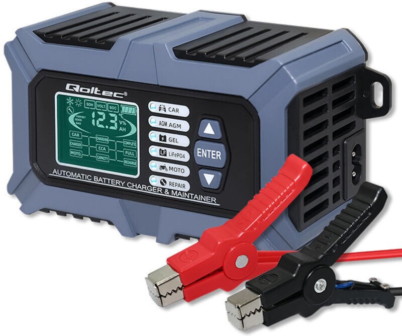 Intelligentes Qoltec Mikroprozessor-Ladegerät mit Batterietester und Reparaturfunktion 12 V 6 A LCD AGM LiFePO4 GEL-Batt...