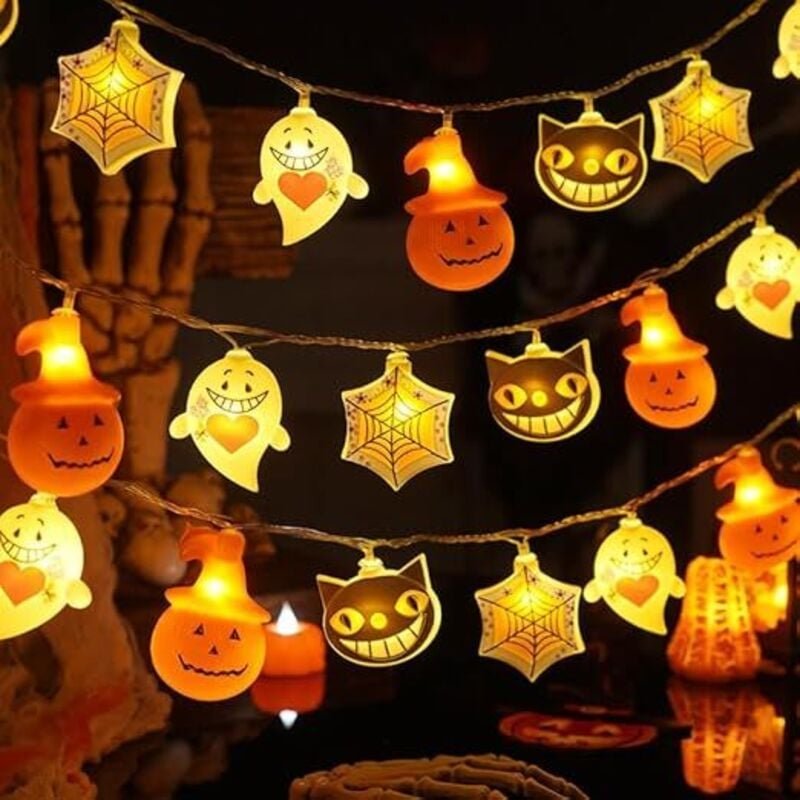 3M 20 LED Halloween-Lichterkette, 4 verschiedene Halloween-Lichter: Kürbis, Geist, Spinne, Katze, 2 AA-Batterien für Hal...
