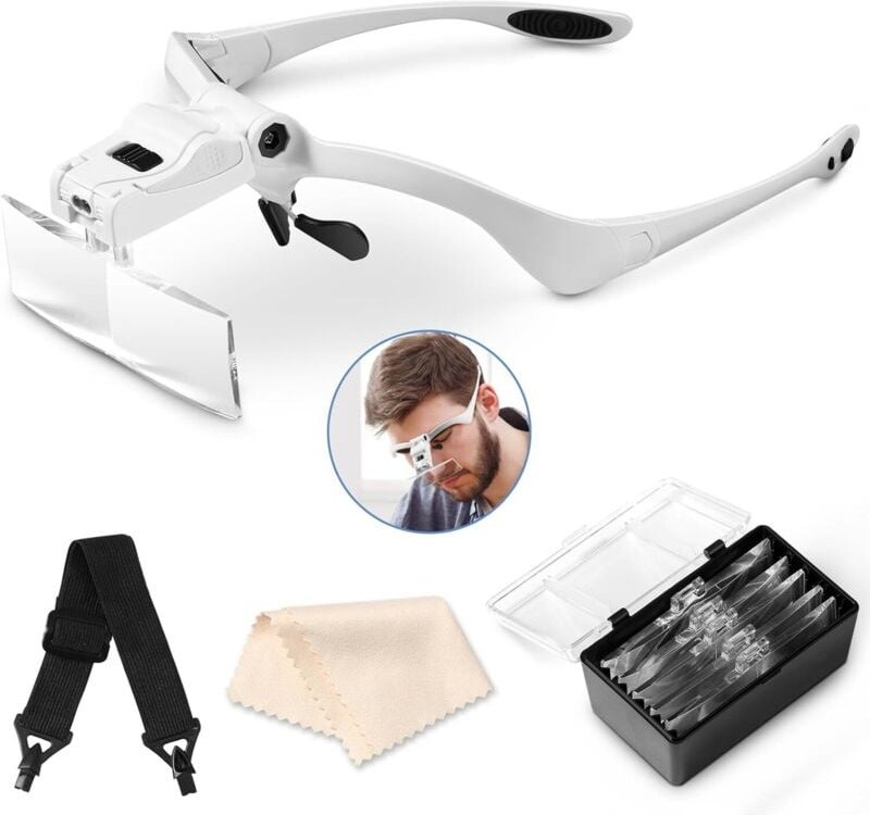 Stirnbandlupe mit LED-Licht, Kopflupe mit 5 abnehmbaren Linsen (1,0-fach, 1,5-fach, 2,0-fach, 2,5-fach, 3,5-fach), für a...
