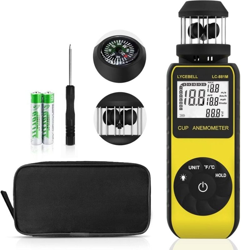 Windmesser Windmessgerät, Handheld Digitaler Anemometer, Misst Windgeschwindigkeit und Temperatur mit Kompass, Wind Cup ...