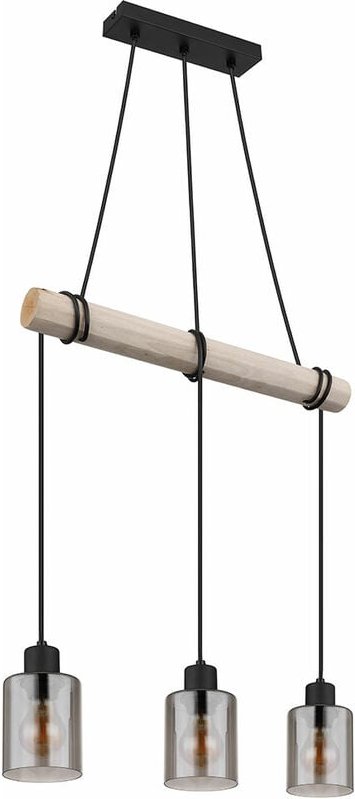Hängeleuchte Holzpendellampe Pendelleuchte Holz Esszimmerlampe Hängelampe Esstisch, Glas rauch, 3x E27, LxH 50x140 cm