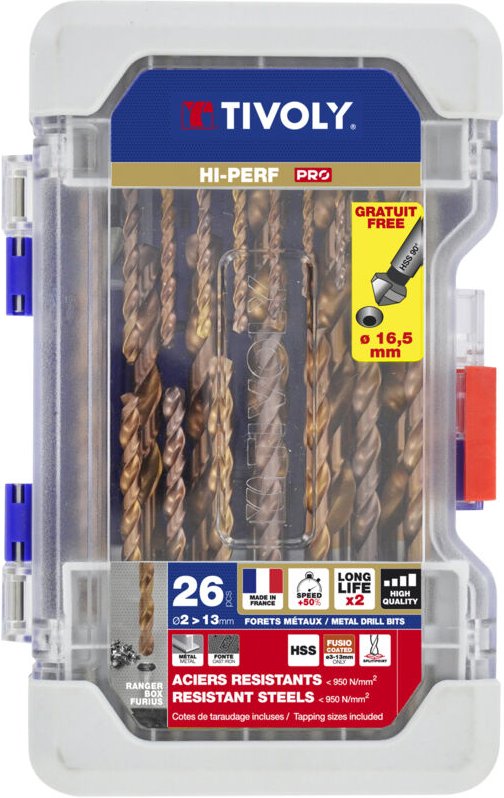 Tivoly - PRO-Box 26 Stück • 25 selbstzentrierende HSS-Metallbohrer Ø2 mm bis Ø13 mm • HSS-Senker Ø16,5 mm • Lange Lebens...