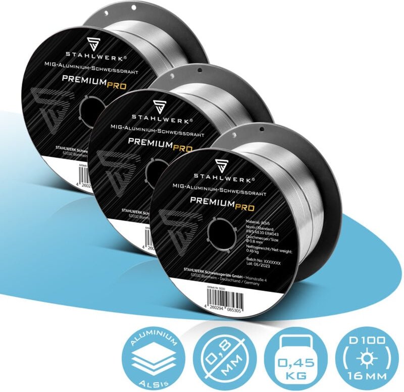 STAHLWERK Schweißdraht MIG MAG Aluminium ER4043 Si5 (ALSI-5) Ø 0,8 mm 3er Set