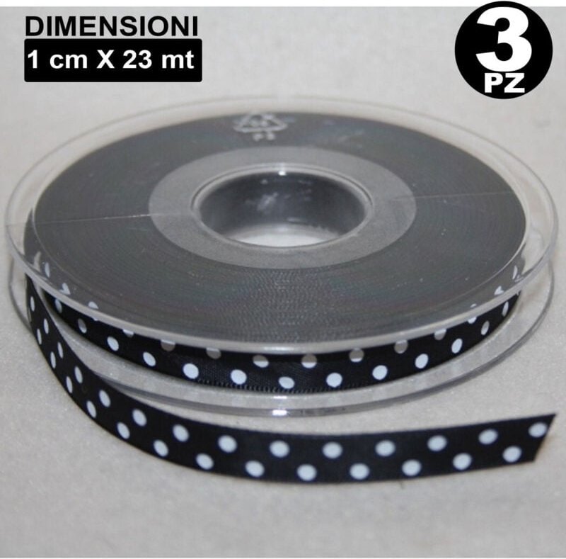 Trade Shop Traesio - Trade Shop - 3 Rollen schwarzes Band mit Punkten, Party-Geschenk, Organza-Satin, Rollendekoration, ...