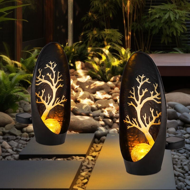 Gartendeko Solarlampen für Außen Outdoor Balkon Deko schwarz silber Baum Glaskugel, IP44 Akku Metall, 1x led, LxBxH 14x7...